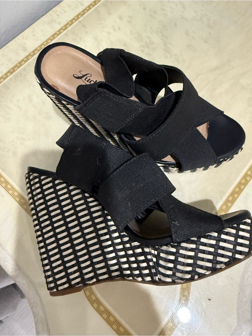 Lucky Brand Black Strappy Wedge Sandals with Patterned Wedge
